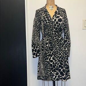 Topshop Long Sleeve Lightweight Navy/Cream Animal Print Belted Dress 6